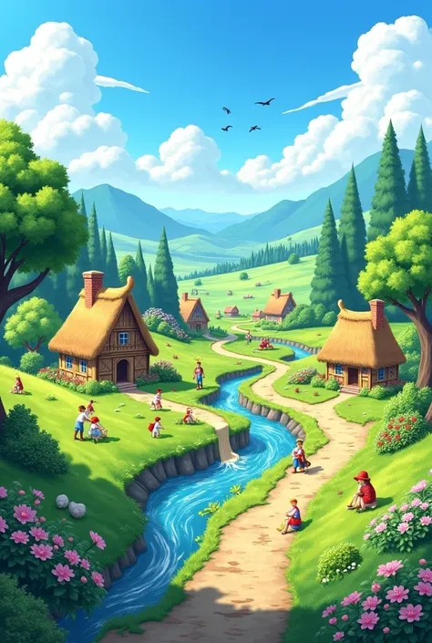 Make Higher Resolution and Realistic A picturesque and tranquil village scene with lush green fields, small thatched houses with colorful flower gardens, a clear blue sky dotted with fluffy white clouds, and a winding dirt road leading to the village. ren ...