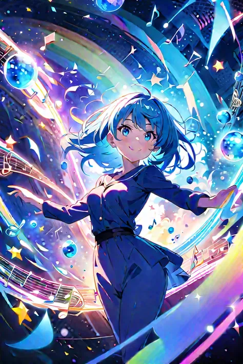 Anime style, ultra-detailed, 8K CG, blue-haired girl, smile, blue world, mysterious blue objects floating, star, musical note, rainbow