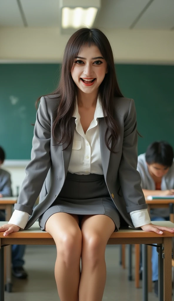 45 Years,  Japanese woman ,  rambut panjang, warna hitam kekuningan, wearing a gray blazer and a white shirt , (( wears tight gray miniskirt )),((miniskirt detail  ((open miniskirt )),  big round breasts  (( stand out )), curvy body,  big round ass  ((stan...