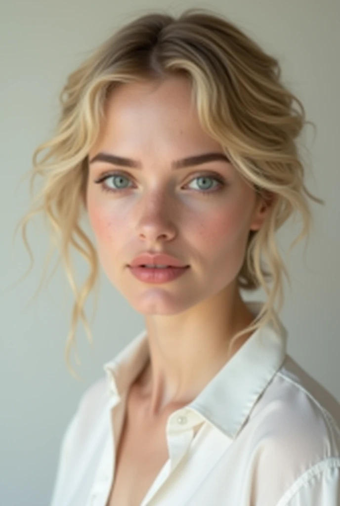 Beautiful blonde woman, with slight curly hair, blue eyes, charming smile, pink lips, thin brows, sharp face, white clothes.