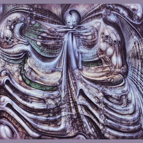 g1g3r, Giger_style, The image is a detailed view of H.R. Gigers " Li II " plate, featuring a complex network of bones and organs in a purple-brown hue ,swirling gray and brown colorsgroup of three alien figures positioned in the foreground.  Emaciated and ...