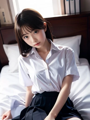 school uniform,((())),No makeup,High resolution,Professional Photos,High resolution,Small breasts,,slim, Lie on your back on the bed, Open your legs and show your underwear, Fearful expression, Tears in my eyes, ((Her skirt is rolled up))