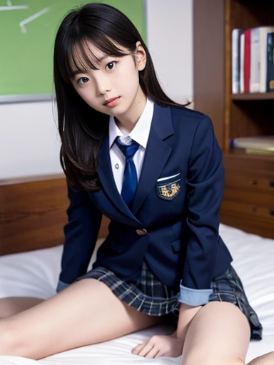 school uniform,((())),No makeup,High resolution,Professional Photos,High resolution,Small breasts,,slim, Lie on your back on the bed, Open your legs and show your underwear, Fearful expression, Tears in my eyes, ((Her skirt is rolled up))