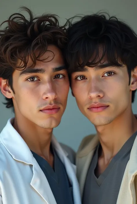 Create a super realistic image of a gay teenage couple where one with dark eyes and curly hair wearing a doctors outfit and the other has straight black hair and brown eyes wearing humble clothes, The image is just of their faces , Its two boys