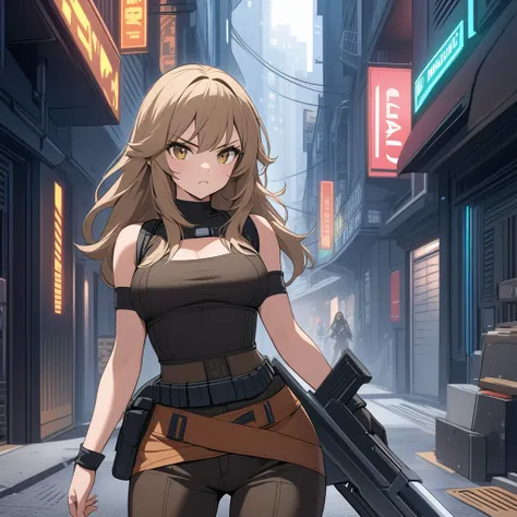 draw a very beautiful girl (with dark blonde hair) who is an assassin wearing a bounty hunter outfit (with a serious expression) in a very futuristic city alley setting (with sharp weapons stored on her waist)