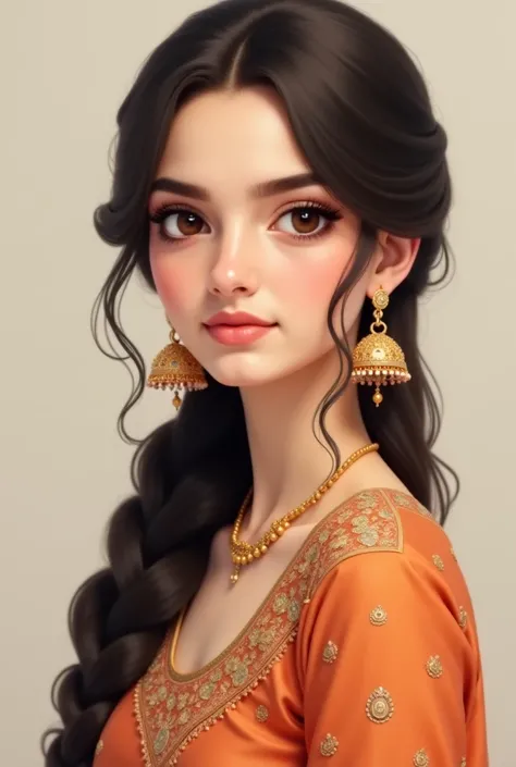 Generate an image of a young woman (20 years old) with dark brown eyes, heart shape face and lips, pale skin and dark brown hair braided. Wearing a gharara and jhumkas (modest clothing but plain).