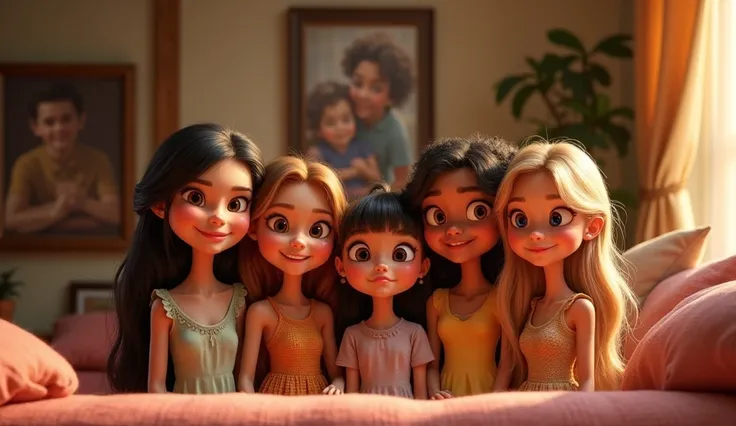 Disney Pixar style (Fade to the group portrait of the five sisters, hung on a wall, with the caption: "Family is everything."