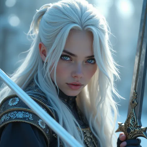 Very handsome face, world most attractive face, shredded, background Frost, stylish fantasy clothes, very beautiful clothes, holding two holy swords, long silver hair, Blue eyes, hd, 8k, giving really cool pose , realistic, milky white skin, ultra details ...