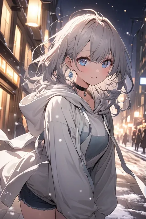 A beautiful anime-style illustration of a cute teenage girl with stunning gray hair that is shoulder-length, styled elegantly to frame her face and shine under the soft glow of snowy lights in a nighttime city. She has mesmerizing blue eyes and wears silve...