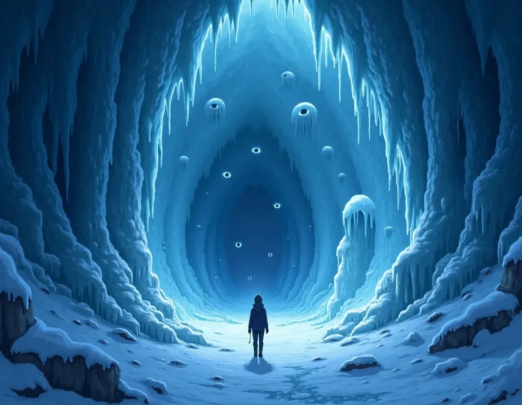 Create an anime-style image of a totally frozen cave with white eyes wrapped around