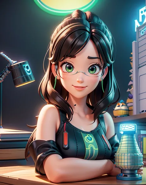  3d pixar style: full shot, wide angle, A beautiful attractive woman A stunning woman with long brunette hair and bright green eyes sits confidently at a sleek wooden desk in a modern studio. She gestures expressively as she speaks, her warm smile inviting...