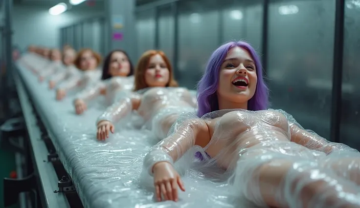 An automated production line mistakenly mistakes a purple-haired teenage girl for a sex doll product and begins to wrap her in plastic wrap. The girl smiles in surprise and fear as the automated production line begins to tightly wrap the girl in plastic wr...