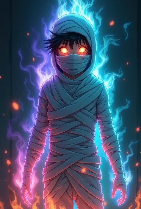  a mysterious and documented anime youth like a mummy The straps of white fabric tie his body tightly, giving him a strange and powerful look At the same time .  His face is partially visible through a transparent mask. His eyes glow with a strange light, ...