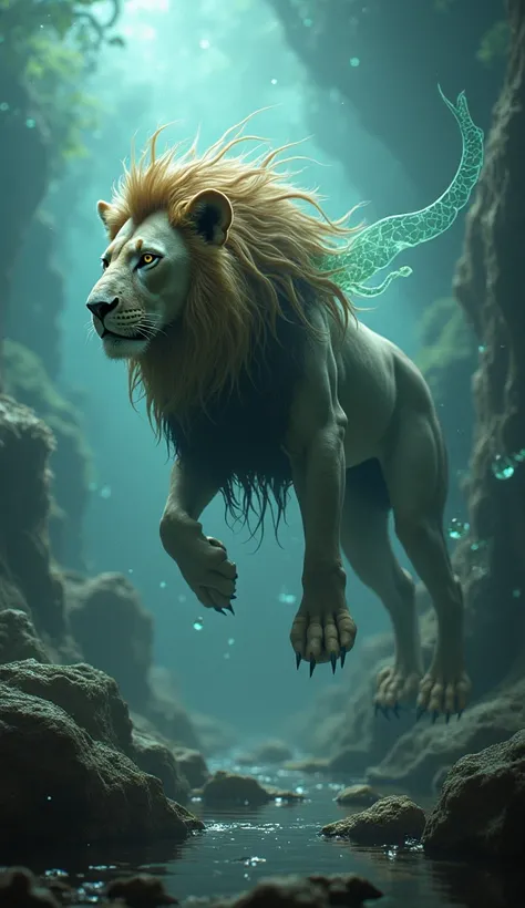 a surreal depiction of a hybrid creature combining the features of a lion and a fish in a mystical environment. Let me know if you’d like further refinements or adjustments!
