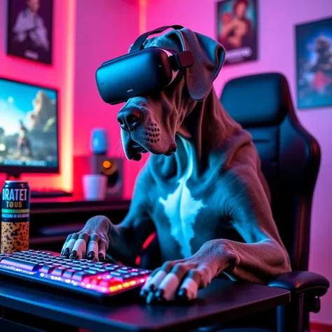 Rodolfo, a majestic Great Dane with a completely uniform gray coat and no white markings on his chest or anywhere on his body, wears oversized VR glasses and sits on a sleek gaming chair. His massive frame is humorously balanced as his giant paws hover ove...