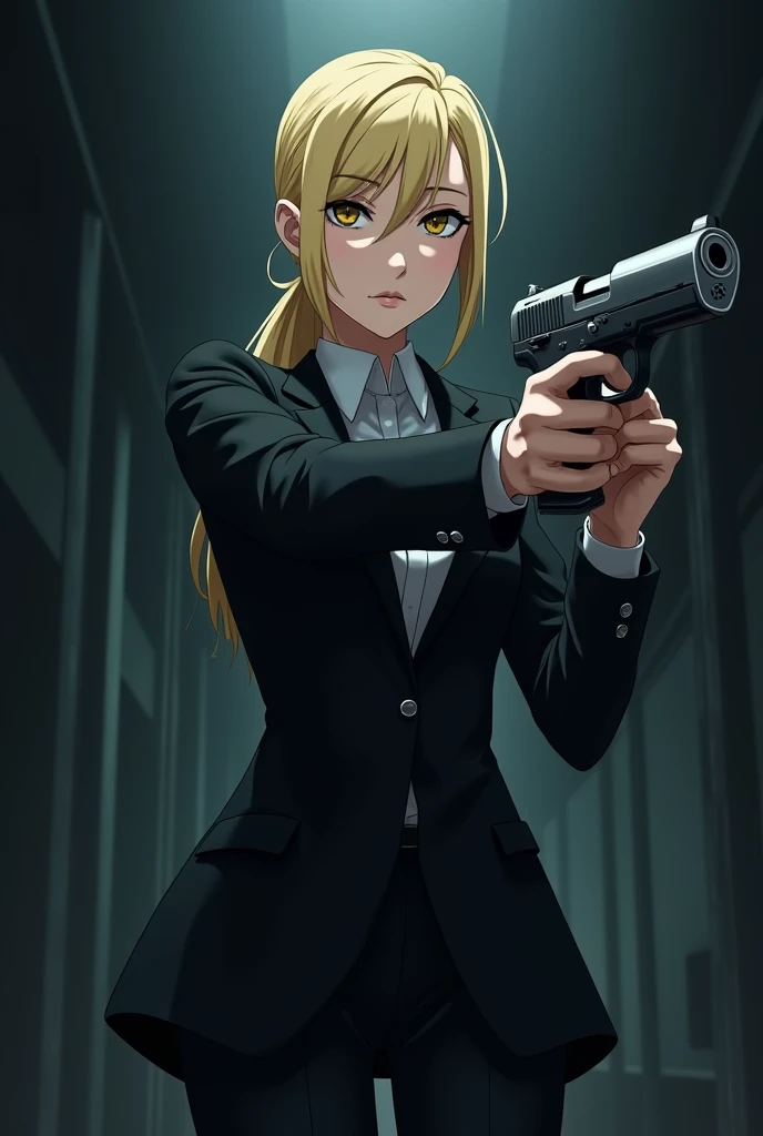 anime style Bleach : blonde woman dressed as a detective in a black suit ,  holds a strange gun and is standing in the dark 