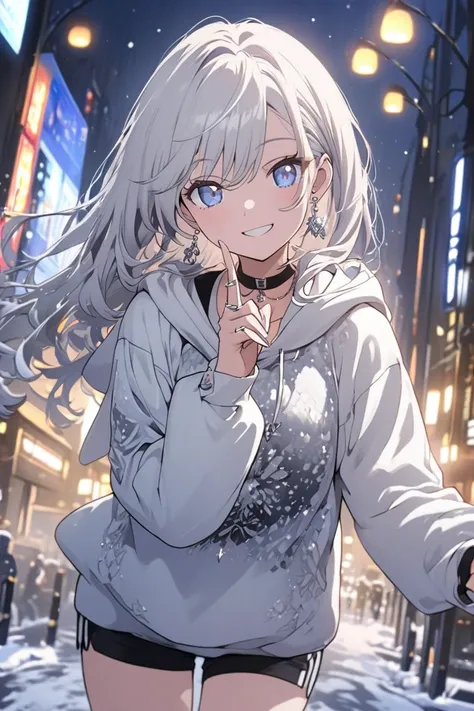 A beautiful anime-style illustration of a cute teenage girl with shoulder-length silver hair and stunning blue eyes. She is wearing a black choker, silver earrings, a white hoodie, and shorts, in a snowy nighttime city scene. She is looking directly at the...