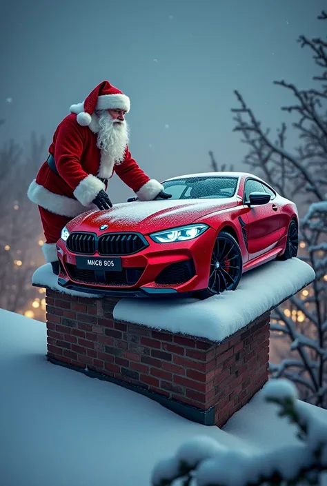 On a snowy New Year’s Eve, Santa Claus is seen on a snow-covered rooftop. Beside him is a full-sized, real BMW M8 850i in vibrant red. In an amusing and surreal twist, Santa is attempting to place the luxurious car into the house’s chimney. The scene is magical yet realistic, with detailed visuals and a touch of festive humor.