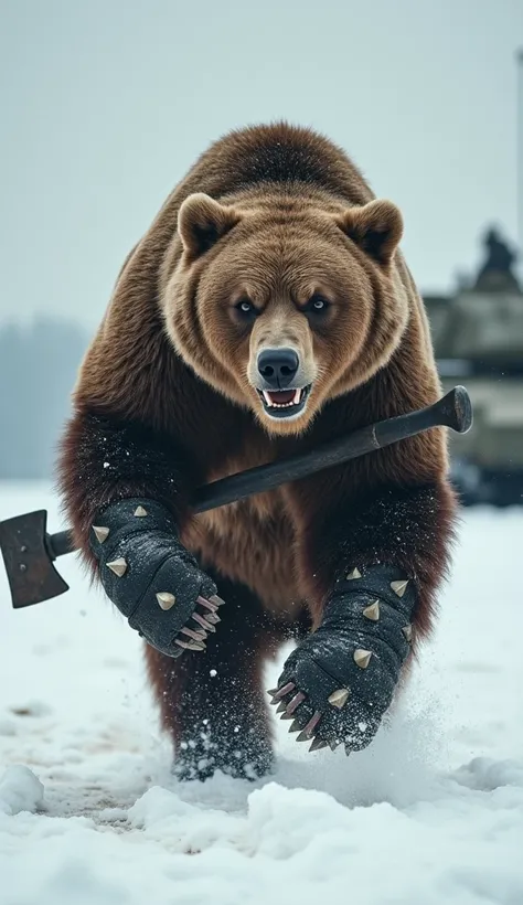 "A powerful grizzly bear advancing confidently toward the camera, wearing a heavy fur-lined coat and a ushanka hat. Its paws are wrapped in leather gloves reinforced with metal spikes, and a large battle axe rests against its shoulder. Snow falls gently ar...