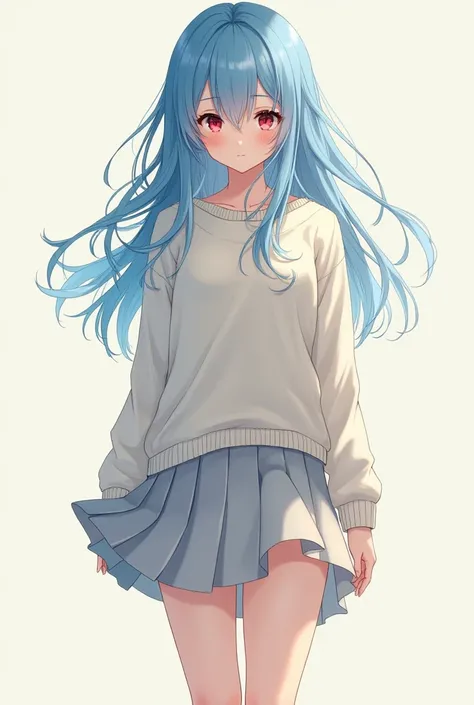 Anime girl with long blue hair, red eyes, pale skin, wearing skirt and sweater, bandaids, standing up, full bidy