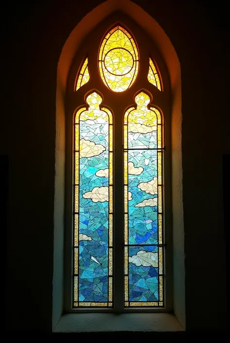 beautiful church stained glass mosaic window that is shined with light, designed with light yellow and gold light at the middle top, blue sky with clouds stained glass mosaic, large glass pieces, window focused art, seed 1330902076