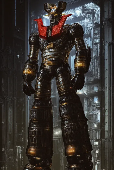  a very realistic version of the modified Mazinger Z,  Standing 100 meters high in a forward leaning position.   constructed with modern materials such as steel  ,   Carbon Fiber  ,   Other industrial elements are also visible  ,   just like the real thing...