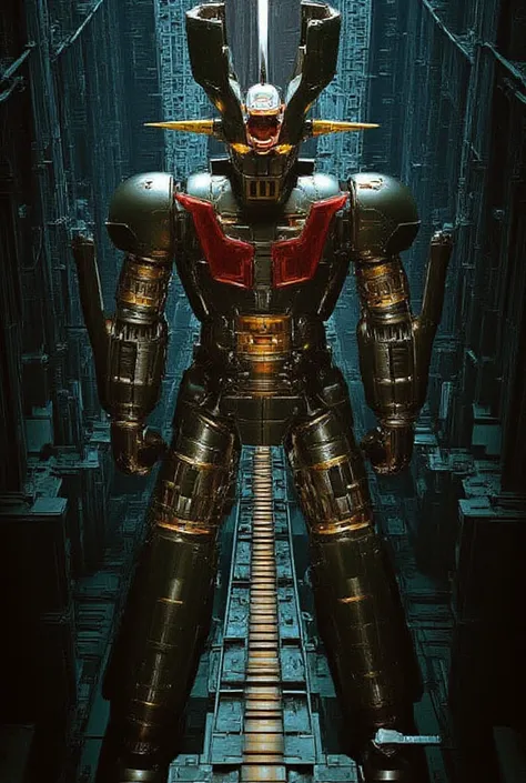  a very realistic version of the modified Mazinger Z,  Standing 100 meters high in a forward leaning position.   constructed with modern materials such as steel  ,   Carbon Fiber  ,   Other industrial elements are also visible  ,   just like the real thing...