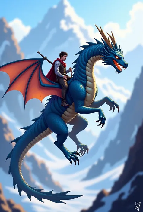 A majestic (fire-breathing) Dragon sitting on the kite is a dragon Rieter , The dragon Rieter carries a sword on his back ,  the dragon is dark and light blue in the background are mountains 