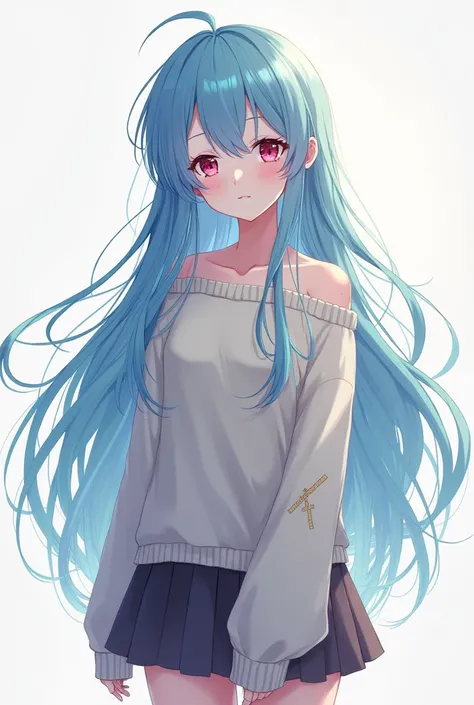 Anime girl with long blue hair, red eyes, pale skin, wearing skirt and sweater, bandaids, standing up, full body