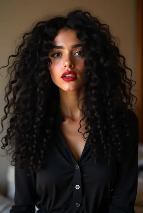  Theres a woman with a red lipstick and a black blouse,   curly black hair , her black hair is long and curly,  curly black hair , long   curly black hair , long wild   curly black hair ,  long curly black hair , beautiful woman,  her face framed with curl...