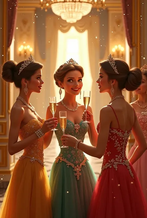 Create a festive golden New Years image with several fashionable princesses with sparkle in hand,  realistic  