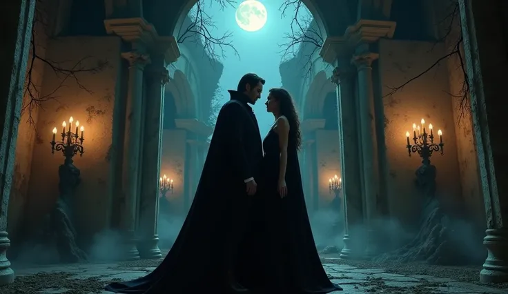 Keanu Reeves as Dracula with his girlfriend standing in the ancient villa, during night scene. 