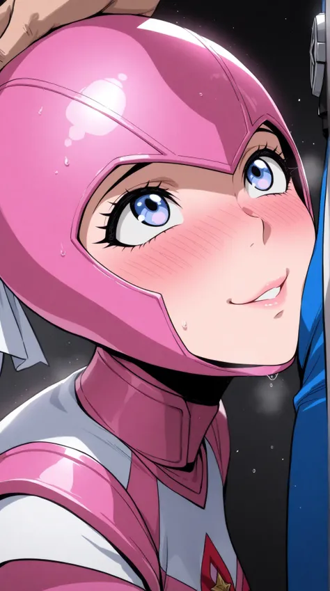 1 bewitching Sentai Pink woman , Sentai Blues first male ,(masterpiece:1.3, top quality :1.3, very detailed depiction:1.3, Incredible High Definition :1.3,High quality anime drawings),( Women look up at men in Sentai Pink with a bewitching smile, Women are...