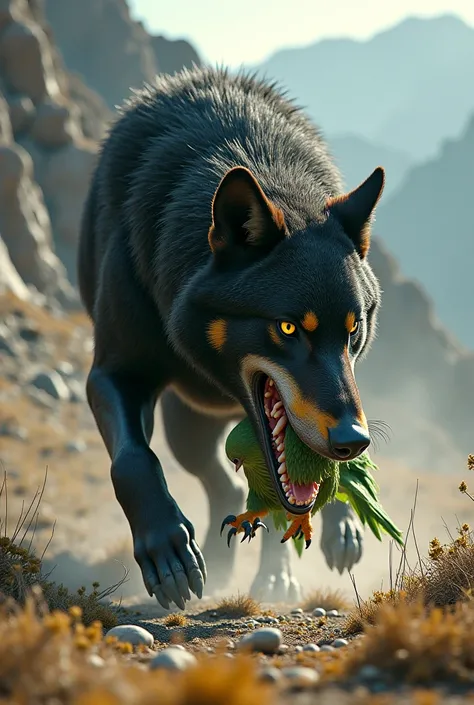 Black and yellow wolf eat a green eagle 