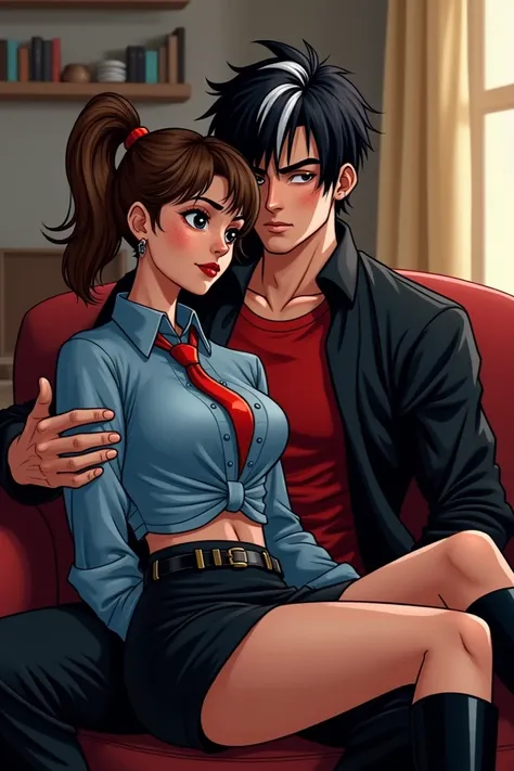 DC Comic style. livingroom background, Jason Todd from DC comics, he has messy black hair with a white streak in the front of his hair, he is wearing a tight red shirt, black jacket, he has black pants, he is on hugging a girl on his lap, the girl has tann...