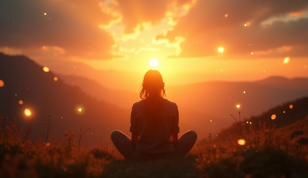 "An inspiring, serene scene of a person sitting alone in nature, gazing at a beautiful sunrise. The atmosphere should feel peaceful and reflective, with soft sunlight illuminating the scene. In the foreground, subtle symbols representing success, happiness...