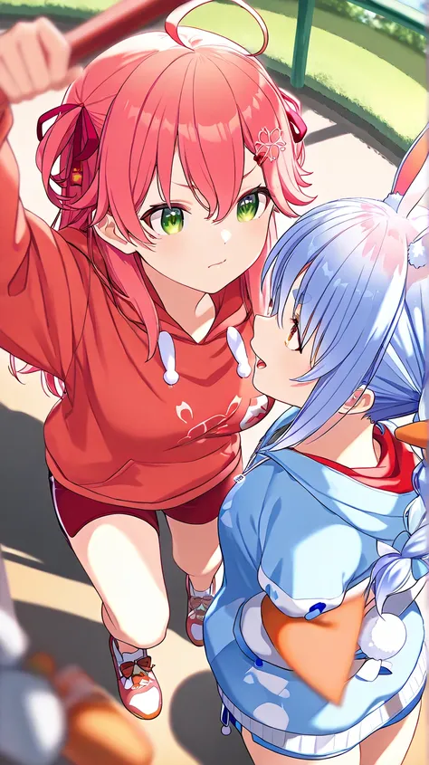 (2 girls), Masterpiece, 1usada pekora (hololive), From Above, 1Sakura miko (hololive), (day time), red and blue Hoodie,High Details, Blurry Foreground, sport shorts, tokyo