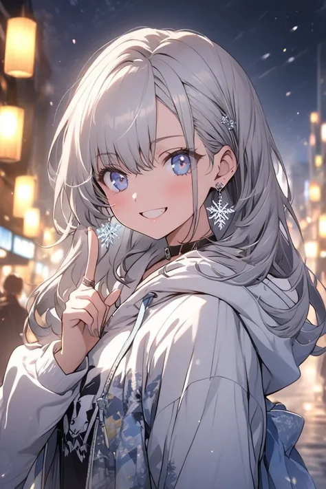 A beautiful anime-style illustration of a cute teenage girl with short silver hair (ear-length) and stunning blue eyes. She is wearing a black choker, silver snowflake-shaped earrings, a white hoodie, and her expression is cheerful. She is making a peace s...