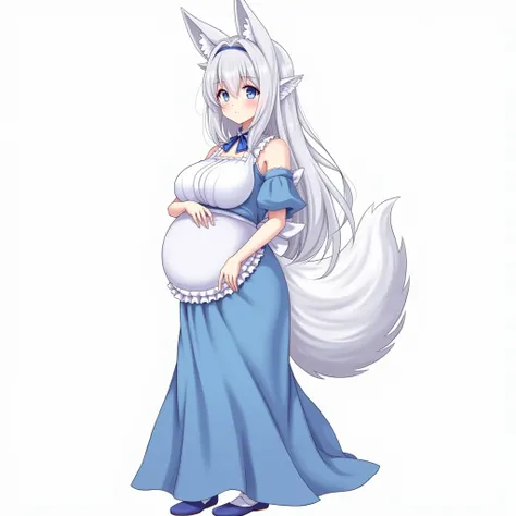 anime girl, blue eyes, big large breasts, anime , high resolution, white hair, blue and white long dress, dress anime, blue tights, blue girls moccasins, blue maid, standing tall,exposed bare breasts, big hyper large breasts,smile,big hips,big pregnant,  h...