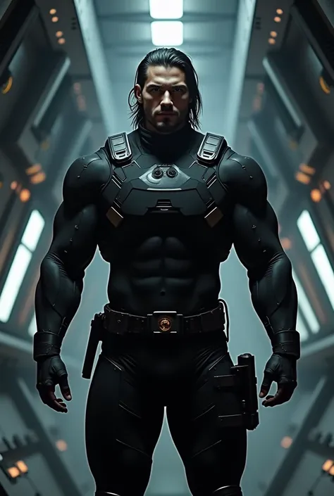 man, masculine man, black hair, muscular man, futuristic clothes, black tactical suit, military suit, dark spaceship interior 
