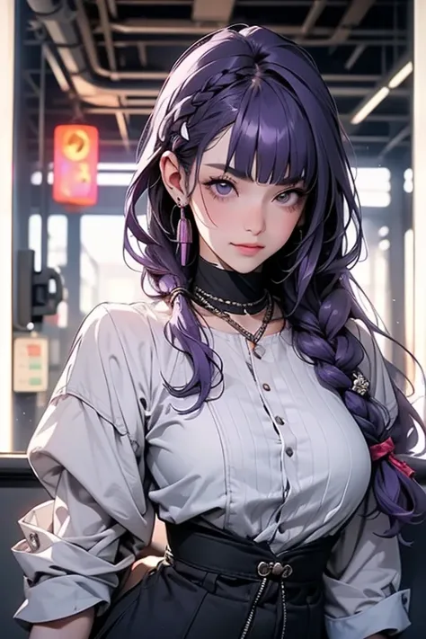        1 girl, blunt bangs,        braiding     ,    width ,       hair accessories  ,Obi says, (  purple hair:1.2),        long hair ,       Straight Haired High School Girl Grabs the Top of Her Clothes  ,     Butt touched by an audience on a train    ,  ...