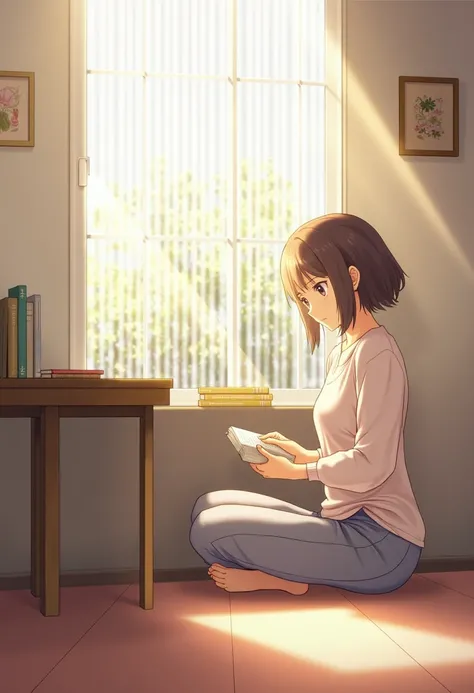 Anime peaceful room with a window viewing outside... a study table in front of the window.. girl sitting nd reading on the floor nearby