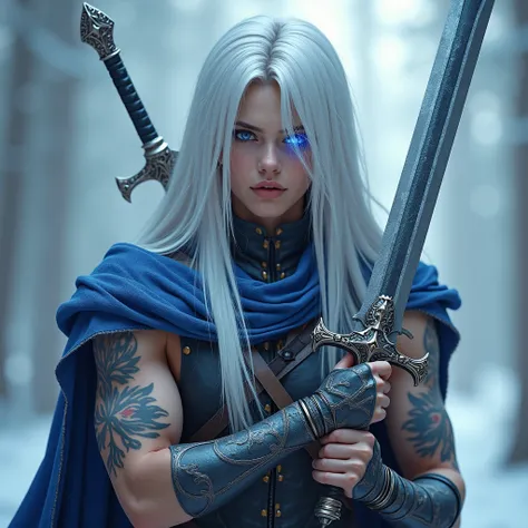 Very handsome face, world most attractive face, shredded, background Frost, stylish fantasy clothes, very beautiful clothes, stylish holy sword in right arm, left arm holding demon lord sword , long silver hair, Blue eyes, hd, 8k, giving really cool pose ,...