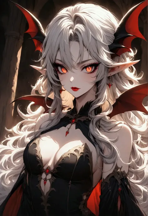 Create an image of the most stunningly gorgeous beautiful perfect sexy vampire elf, beautiful perfect face, long luscious eyelashes, black eyeliner, perfect makeup, lipstick, vibrant detailed vampire slit pupils, long luscious black hair, platinum blond hi...