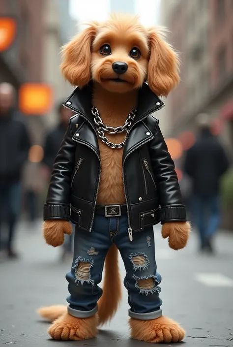 Create a talking dog which is following the new trends like dreesing wearing chains like that