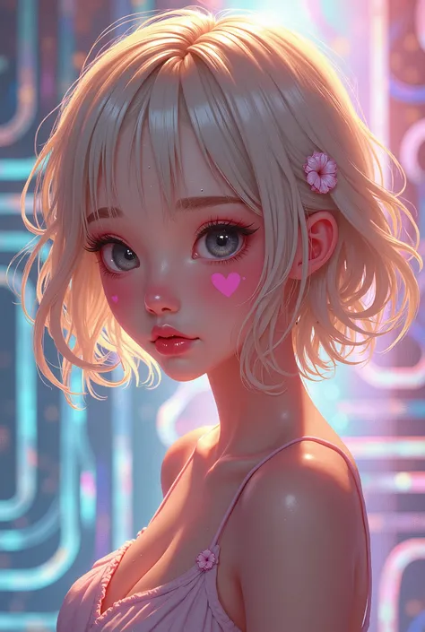 It says "chu", kissing face, cute teen, striking eyes, glossy silky ivory messy wavy short hair, amorous and lewd expression, make up, pink heart mark, delicate and dynamic textures, contrasts of light and shadow, 2.5D, graphic CG digital art, ultra detail...