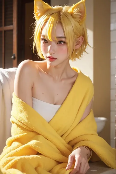  asian girl， unique ， Yellow Hair ，Short hair，  yellow pupils  ，bath towel，包着bath towel，Hair dripping ，Wet hair，blushing，yellow dog ears， Droopy Ears ， yellow plush ears ，  the sun is shining ，yellow dog tail，Animation Style，Animal ears,  Animal Ear Patter...