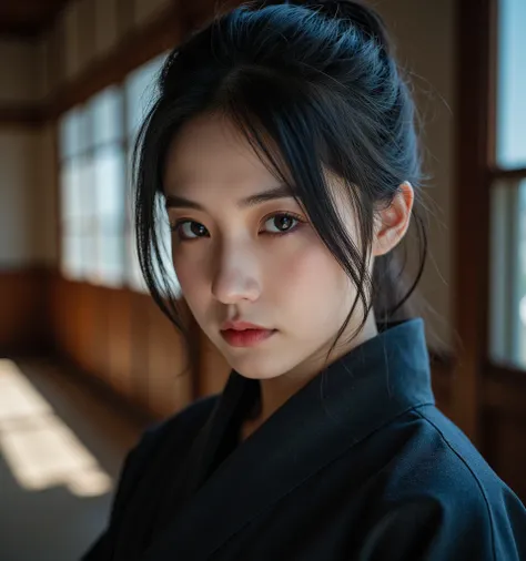 ((( female ninja in quest)))、((( Kunoichi)))、(( kimono))、Japanese style background、 with hair tied together、 black hair、 sexy、20 years old、woman、 cute、super detailed,((( realistic ,photo realistic ,photo- realistic :1.37))), high definition ,超 high definit...