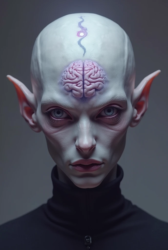  there is a purple-gray image of an aliens head, symmetrical portrait rpg аватар, symmetrical portrait,  the face of a pale alien cultist , Portrait of a Hollow Knight, lols , the face of an alien deity , Hollow Knight ,  third eye , you can see the brain ...