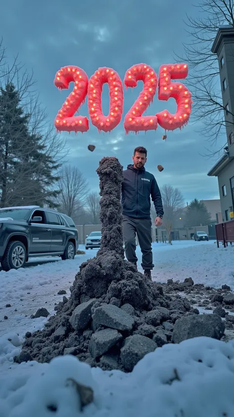 
“A hyper-realistic, cinematic winter scene with the focus on a dramatic close-up of a man’s foot crushing a large 3D number ‘2024’ made of earth, which cracks and shatters under the pressure. The man is standing front-facing, visible in the background wit...